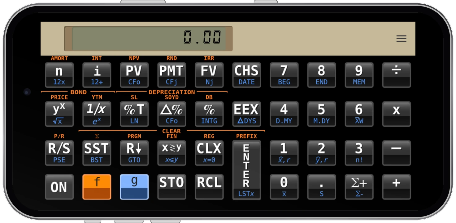 FinCalc12cF no iPhone, na horizontal