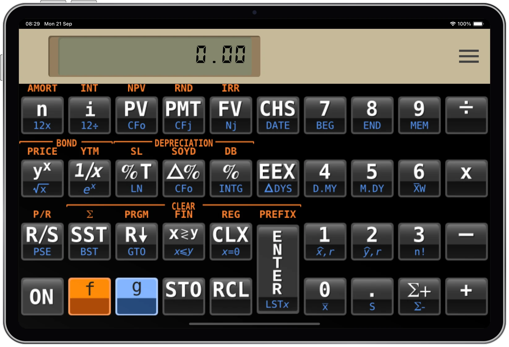 FinCalc12cF no iPad, na horizontal