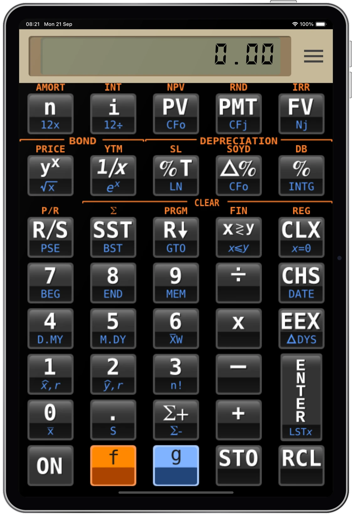 FinCalc12cF no iPad, na vertical