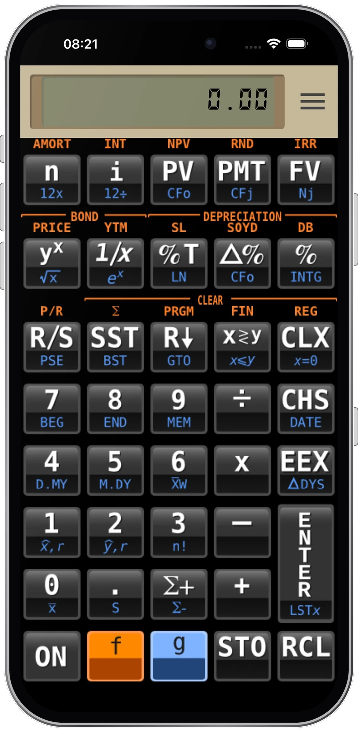 FinCalc12cF no iPhone, na vertical
